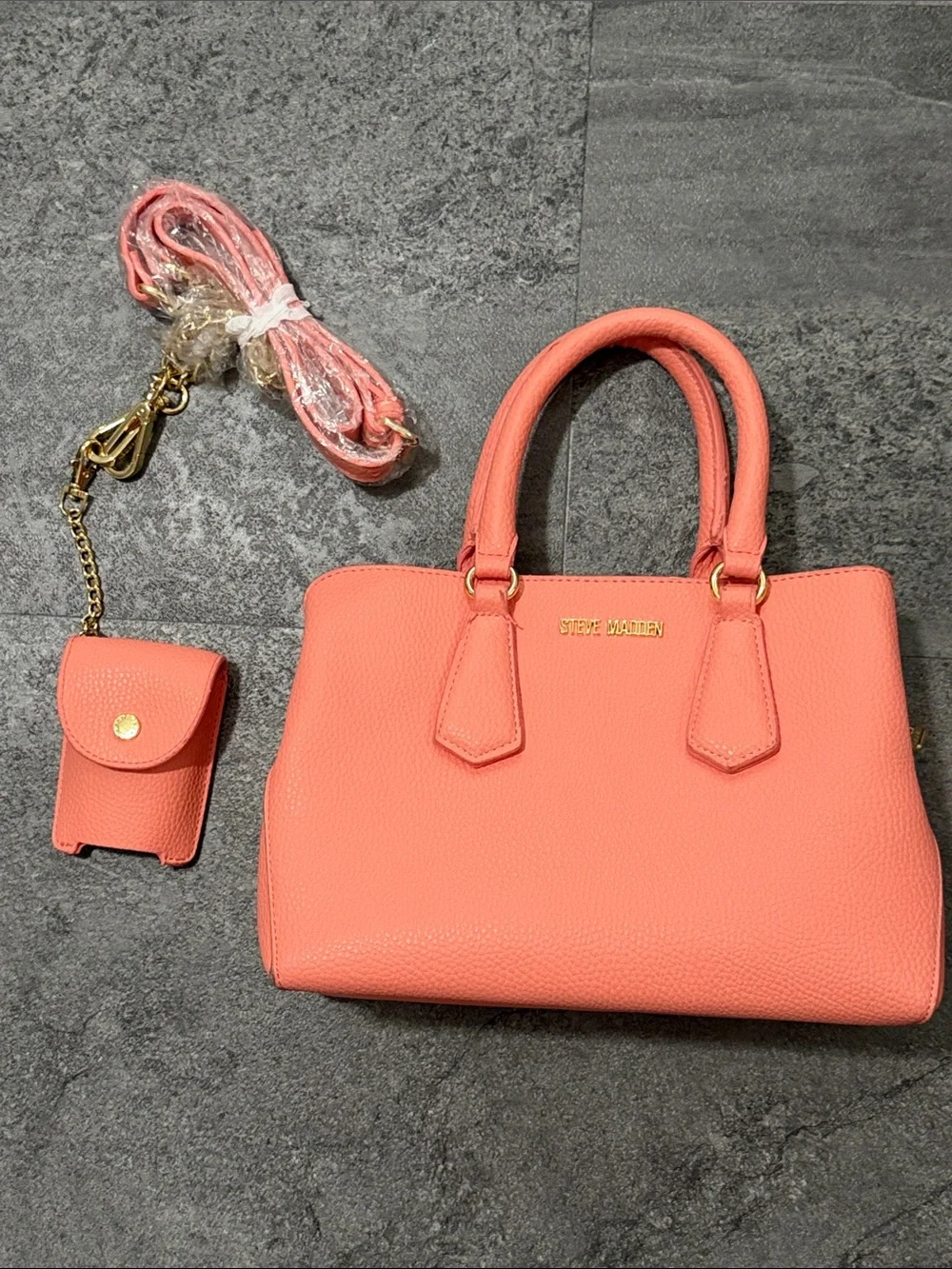 Steve Madden Coral Pink Pebbled Satchel with Strap & Pouch
